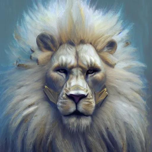Prompt: aesthetic portrait commission of a of a muscular male fully furry anthro albino lion cybernetic, highly detailed oil painting, impasto brush strokes, soft light, 8 k, cyberpunk colour palette, dramatic composition, dramatic lighting, sharp focus, masterpiece, by adrian ghenie and jenny saville and zhang jingna