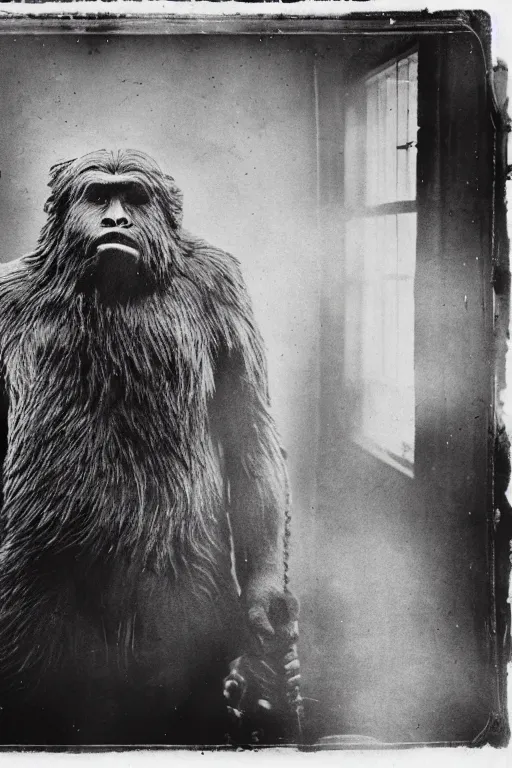 Image similar to a wet plate photograph of a Bigfoot going into a barber shop