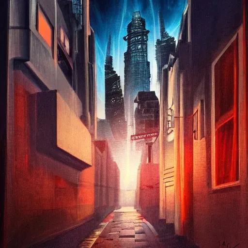 Image similar to futuristic evil city at dusk. figure is obscured by darkness with two bright, shining eyes peering out from the shadows of an alley. cgartist