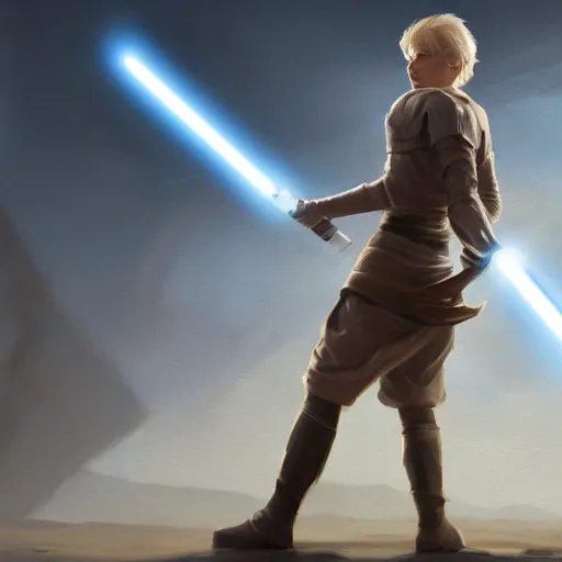 Prompt: full body Over-the-Shoulder Shot of a young blonde male jedi with short hair holding a lightsaber concept art by Doug Chiang cinematic concept art, realistic painting, high definition, digital art, matte painting, symmetrical, very detailed, realistic, dramatic lighting, cinematic, establishing shot, extremely high detail, photo realistic, cinematic lighting, post processed, concept art, artstation, matte painting, red color scheme, the Mandalorian concept art style