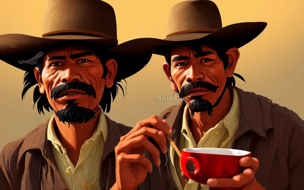 Image similar to photo of juan valdez coffee illustration of a mexican man,, with one small, dirt, wild west, with hat, drinking columbian coffee with a donkey, fantasy, intricate, elegant, highly detailed, digital painting, artstation, concept art by makoto shinkai, ilya kuvshinov, lois van baarle, rossdraws, basquiat,