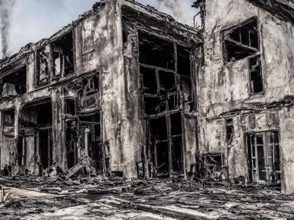 Image similar to old building, half of it is destroyed and burnt!, no fire, no smoke, black burnt ruins, photography, realism, dslr photo, 8 k, journalism