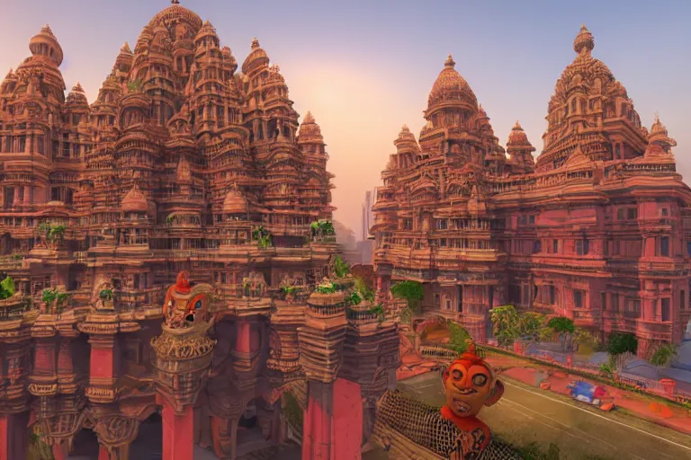 Image similar to high quality 3 d dreamscape! mumbai with biomorphic hanuman!! head building, kalighat, unreal engine hyperrealistic cinematic smooth, stephen shore & john j. park, soft morning light, wide shot, high angle, uhd 8 k, deep focus