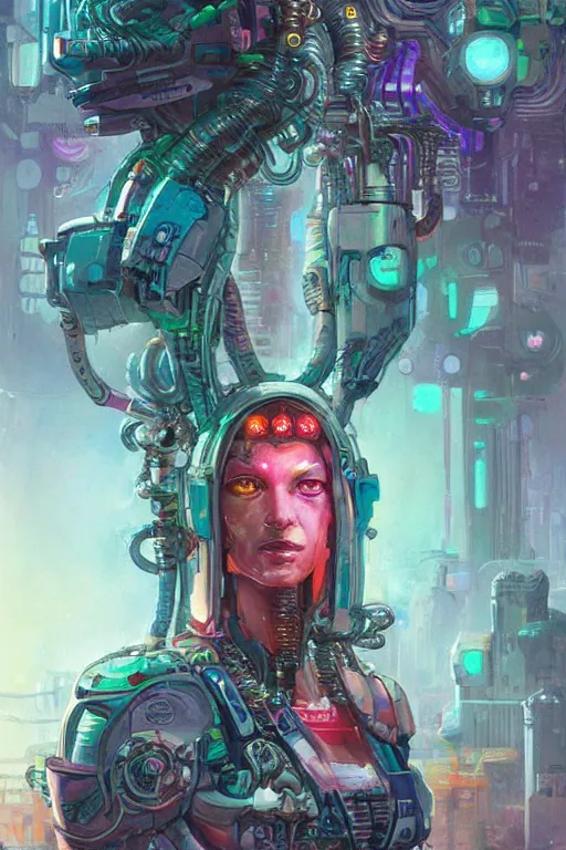 Image similar to a cyberpunk half length portrait of cyborg medusa, by paul lehr, jesper ejsing