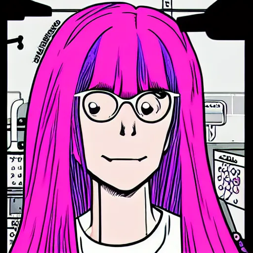 Image similar to realistic dark retro pulp sci - fi colored manga illustration of princess bubblegum by junji ito, with pink hair made of bubblegum, confident scientist performing experiments in her lab