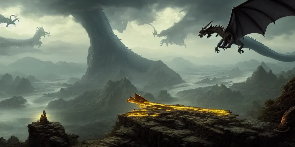 Prompt: a dragon hovers above a river with a lost city on a cliff in the distance, 4 k resolution, ultra detailed, matte oil painting, mysterious, wallpaper, art by greg rutkowski