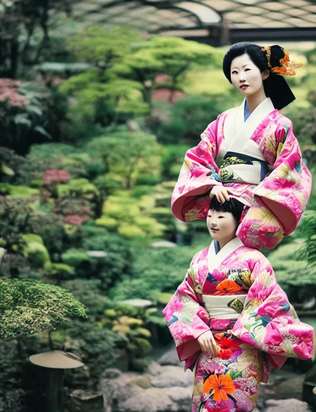 Prompt: fashion photograph of a beautiful Japanese woman wearing a traditional kimono in an tropical greenhouse, by Annie Leibowitz, extremely detailed, large format camera, Fuji Provia film, 85mm lens, bokeh, bokeh, blurred background, photorealistic, trending on instagram, trending on artstation