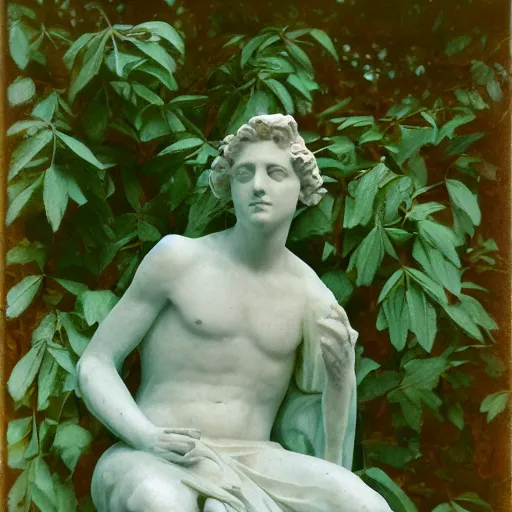 Prompt: a close-up color studio photo of an antic marble statue of Evgeniy Shwartz, surrounding by foliage, dreamy autochrome pinhole photography,