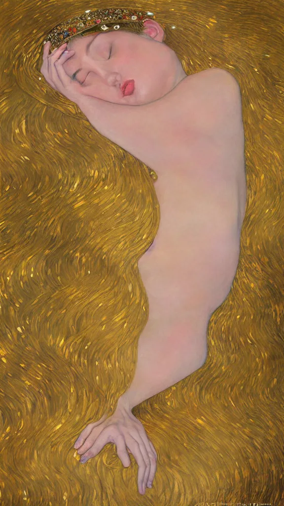 Image similar to a soft and breathtaking detailed painting of a full body sleeping blonde princess in the style of Gustav Klimt, blonde hair, shiny gold, elegant, highly detailed, artstation, fluo colors, concept art, matte, sharp focus, art by Gustav Klimt