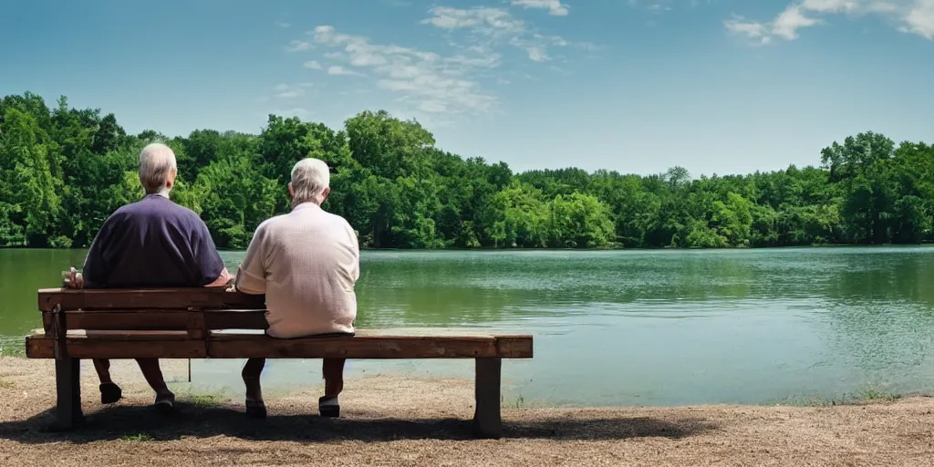 Prompt: an old therapist and his patient sitting on a bench beside a lake