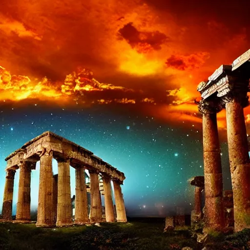 Image similar to a colossal gigantic glowing orange jellyfish hovering beneath a portal in the sky, tendrils hanging towards the ground, galaxies and stars in a stylized sky at twilight, ancient ruins in the foreground, ancient cities in the background, digital art