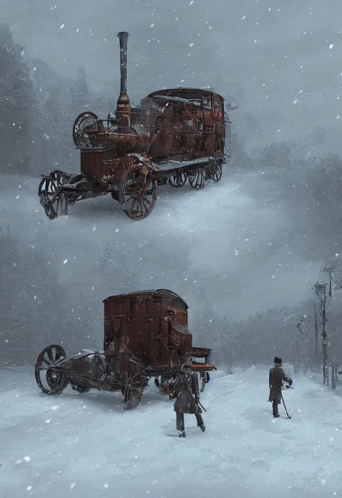 Image similar to Digital Art of a 1914 russian walking steam machine in the snow, Rozalski, trending on artstation