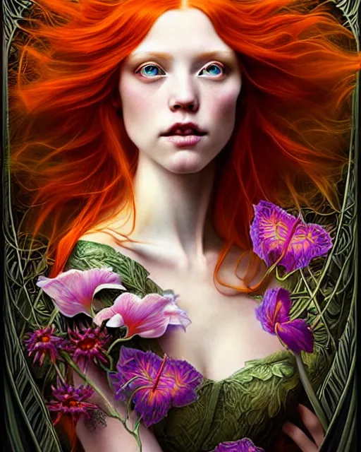 Prompt: Beautiful, evil and playful ethereal ginger portrait, art nouveau, fantasy, intricate flower designs, elegant, highly detailed, sharp focus, art by Artgerm and Mat collishaw and WLOP