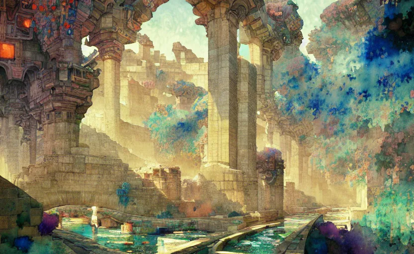 Image similar to tiled room squared waterway, aqueducts, fantasy. intricate, amazing composition, colorful watercolor, by ruan jia, by maxfield parrish, by marc simonetti, by hikari shimoda, by robert hubert, by zhang kechun, illustration, gloomy