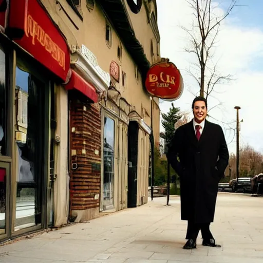 Image similar to full length shot : : clean - shaven smiling white chubby italian american man in his 4 0 s wearing a brown long overcoat overcoat overcoat overcoat and necktie and black shoes shoes shoes holding a burger, 2 0 0 6 advertising promo shot