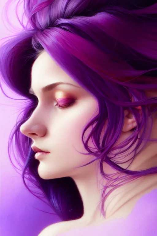 Image similar to Purple hair, creative colouring Portrait of woman face profile, fashion, colored strands of hair, intricate, elegant, highly detailed, digital painting, artstation, concept art, smooth, sharp focus, illustration, art by artgerm and greg rutkowski and alphonse mucha