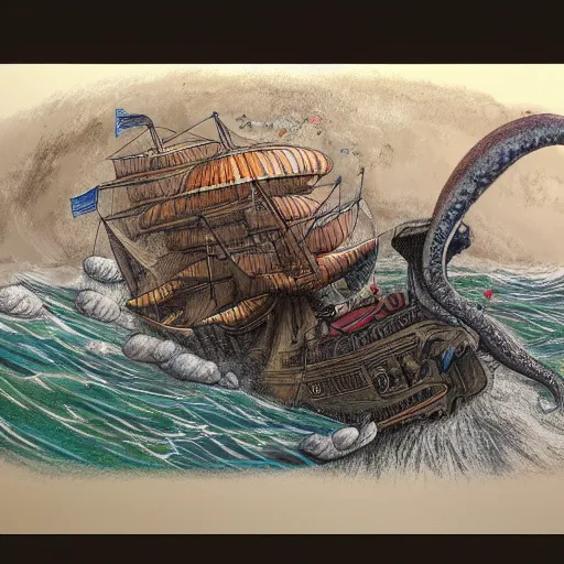 Image similar to coloured pencil drawing of a wonderful an big galion attacked by a giant octopus, rainy day an big waves. d & d, illustration, realism, trending on artstation