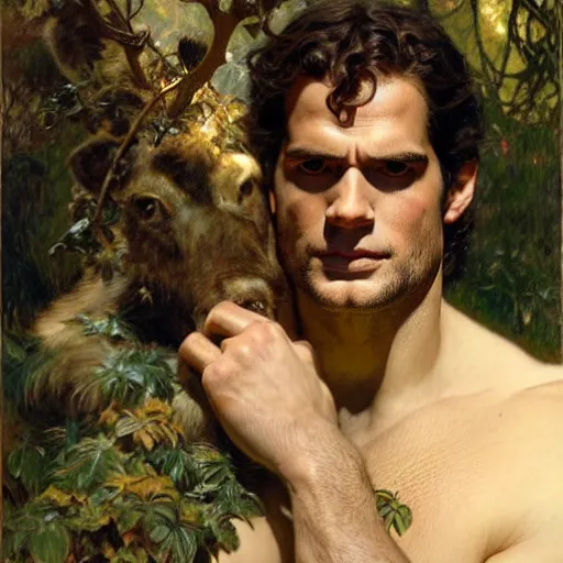 Image similar to attractive henry cavill as withcer and attractive joey batey as jaskier hauting wild creature in the wood highly detailed painting by gaston bussiere, craig mullins, j. c. leyendecker, alphonse mucha 8 k