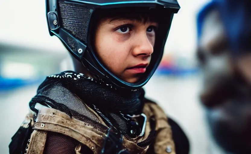 Image similar to cinestill 5 0 d candid photographic portrait by helen levitt of a mixed teen cyborg wearing rugged black mesh techwear riding on a dirtbike through an airport, extreme closeup, modern cyberpunk moody emotional cinematic, snow storm, 8 k, hd, high resolution, 3 5 mm, f / 3 2, ultra realistic faces, ex machina