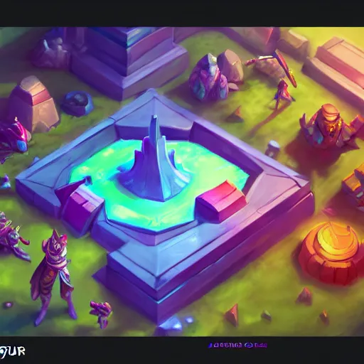 Image similar to Concept art of the new League of Legends Champion on Summoner's Rift, Isometric, Digital Painting, Bright Colors, Trending on Artstation, Character Reference Sheet