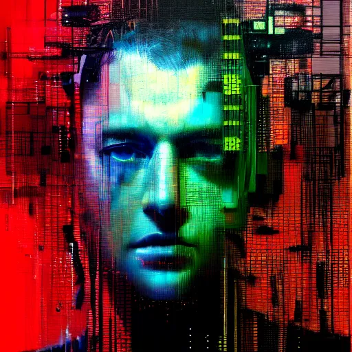Image similar to hyperrealistic portrait of a cyberpunk character, digital ui, by Guy Denning, Johannes Itten, Russ Mills, glitch art, hacking effects, glitch effects, digitial tech effects, chromatic, color blocking!, oil on canvas, concept art, abstract
