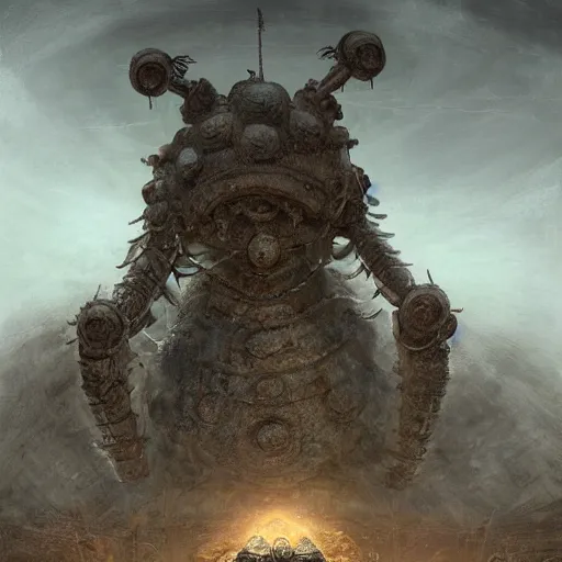 Image similar to giant armored ashigaru beetle war construct golem glowing gnostic brian froud markings magic and steam - punk inspired in an ancient stone circle on a plateau in a blizzard concept painting by jessica rossier, hr giger, john berkey