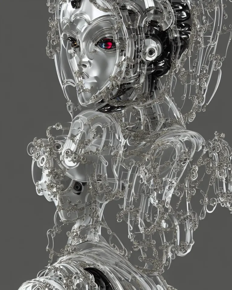 Image similar to beautiful cybernetic baroque robot, beautiful baroque porcelain face + body is clear plastic, inside organic robotic tubes and parts, symmetric, front facing, wearing translucent baroque rain - jacket + symmetrical composition + intricate details, hyperrealism, wet, reflections + by alfonse mucha and moebius, no blur dof bokeh