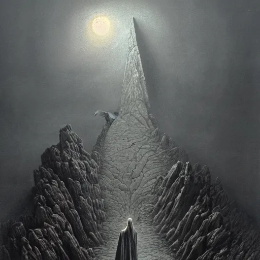Image similar to The wizard merlin stands on a mountain fighting a horde of dragons, by Zdzisław Beksiński, trending on artstation, 8k, landscape photo-reality, landscape photo-imagery
