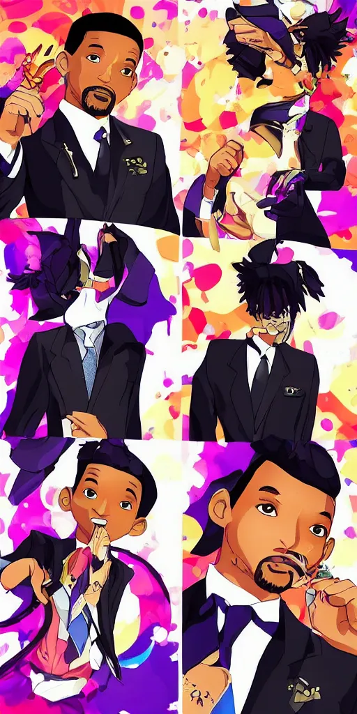 Image similar to will smith wearing luxury suits as a gacha game rare character, cartoon, anime, trend in pixiv, cool color pattern