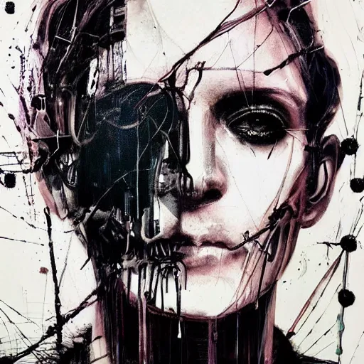 Image similar to a cyberpunk gothic noir detective, skulls, wires cybernetic implants, machine noir grimcore in cyberspace photoreal, atmospheric by jeremy mann francis bacon and agnes cecile, ink drips paint smears digital glitches