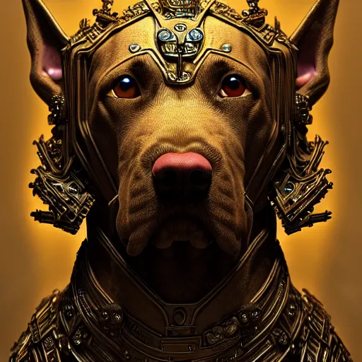 Prompt: dog as a god, very detailed face, detailed features, fantasy, circuitry, explosion, dramatic, intricate, elegant, highly detailed, digital painting, artstation, concept art, smooth, sharp focus, illustration, art by gustave dore, octane render