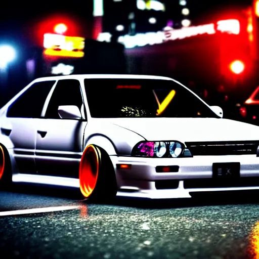 Image similar to a car JZX90 twin turbo drift at illegal car meet, Shibuya prefecture, city midnight mist lights, cinematic lighting, photorealistic, highly detailed wheels, high detail