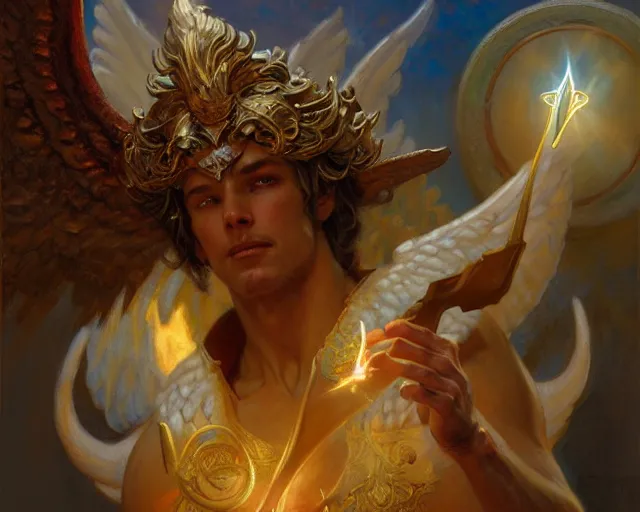 Prompt: attractive angel male deity, casting magic, summoning handsome lucifer morning star. highly detailed painting by gaston bussiere, craig mullins, j. c. leyendecker 8 k