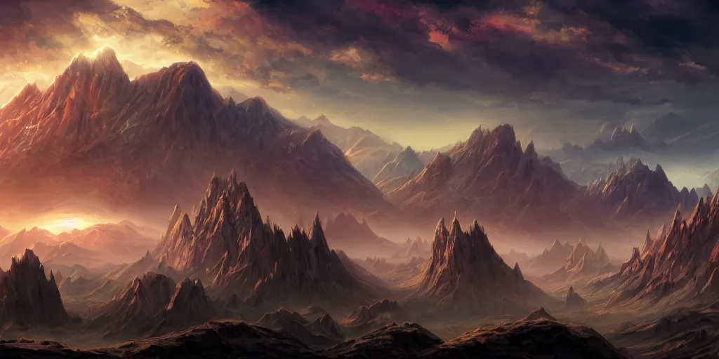 Prompt: The eldritch sky landscape with mountains in the background, Sci-Fi fantasy desktop wallpaper, painted, 4k, high detail, sharp focus