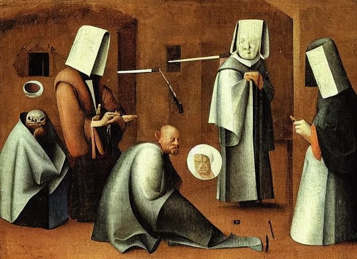 Image similar to judge wearing a bench wig is making a haircut to another judge with a bench wig, by hieronymus bosch