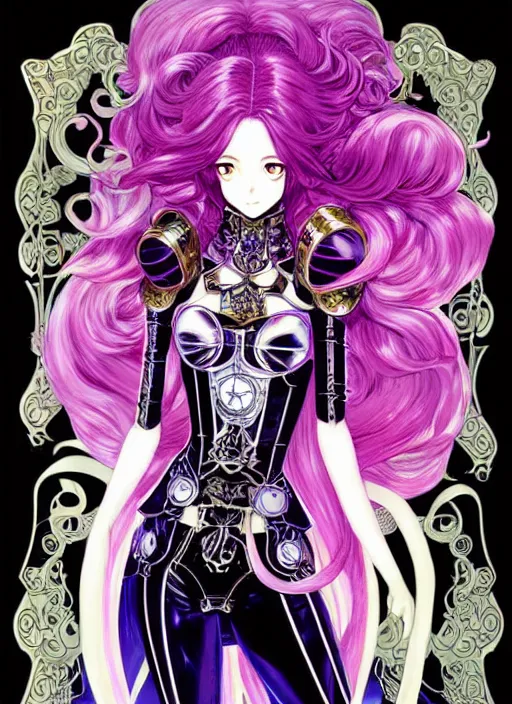 Image similar to exquisite imaginative fate manga poster of princess mechine, long curl hair, art nouveau, armor, ruffles, fluorescent, illustration, artstation, dark fantastic, highly detailed, 8 k, maximalist, by katsuhiro otomo, shigenori soejima, minaba hideo, jump comics