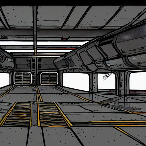 Image similar to photo, interior of a cargo bay, in the style of cowboy bebop, highly detailed and intricate