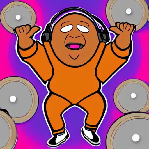 Prompt: svg sticker of a Dancing-Cleveland Brown, at a rave, spinning records, giant headphones rocking out, wearing headphones, huge speakers, dancing, rave, DJ, spinning records, digital art, amazing composition, rule-of-thirds, award-winning, trending on artstation, featured on deviantart