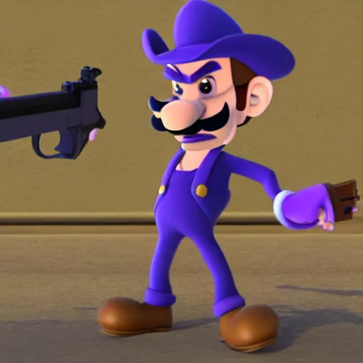 Prompt: waluigi from the mario series dressed as a cowboy holding a big iron revolver fighting outlaws in a town, cinematic still frame oil painting, high detailed painting, greatly illustrated, photo - realistic painting )