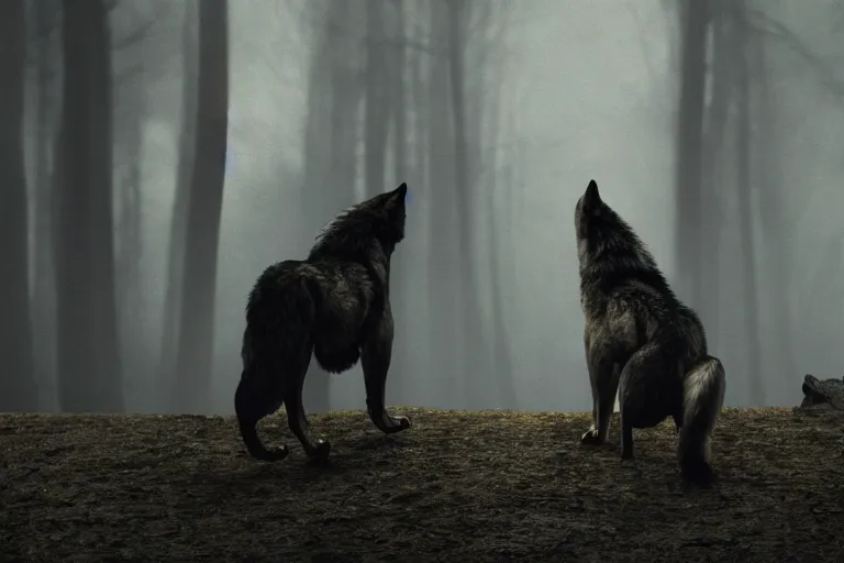 Prompt: the back of a man, facing a angry wolf, stand - off, muted colors, 8 k, depth of field, cinematic, hyperrealistic, movie still frame, promotional image, imax 7 0 mm footage