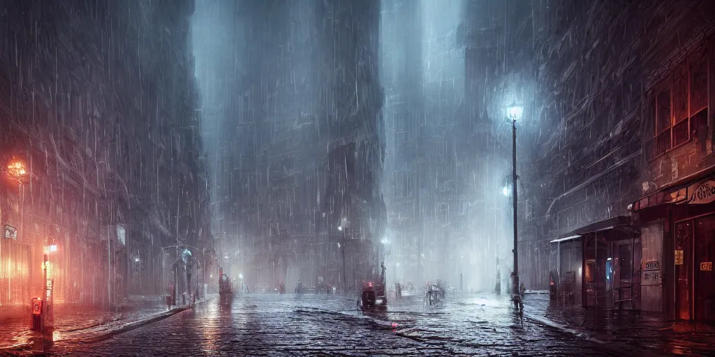 Image similar to a cold and melancholic city in a dark cavern, rainy and gloomy atmosphere, fantasy digital art, octane render, beautiful composition, trending on artstation, award - winning photograph, masterpiece