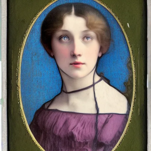 Prompt: portrait of a beautiful young lady with silver eyes, colored daguerreotype by pontormo, by bosch, by mucha, by Mackintosh, art noveau, liminal, Bright pastel colors