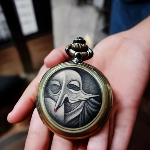 Image similar to photograph of a tatoo showing an etching of a plague doctor side shot looking at a very old pocket watch in the palm of his hand