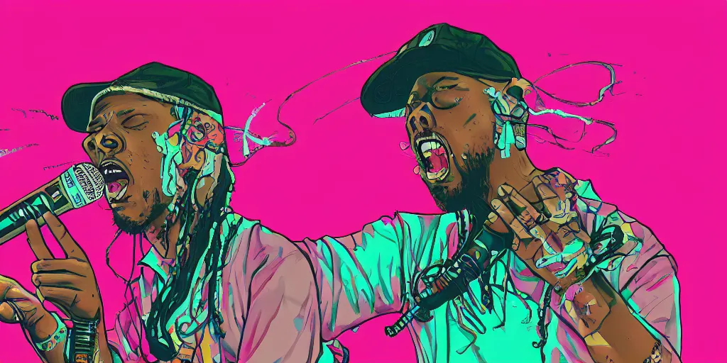 Prompt: rapper yelling into microphone, on stage at festival, digital art, vapor wave, hip hop, surreal, psychedelic, trending on Artstation, professional artist, detailed, 4k