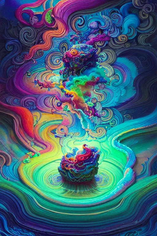 Image similar to spilled colorful liquid smoke and prismatic clouds opening portal to another dimension, dmt, psilocybin, lsd, detailed, intricate, elegant, highly detailed, digital painting, artstation, concept art, smooth, sharp focus, illustration, art by hana yata, and artem demura and beeple, octane render, unreal engine, 8 k