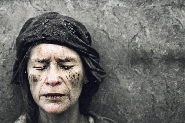 Prompt: a cinematic!! headshot photograph!! of a beautiful homeless war tired female veteran with closed eyes, stood in a tunnel, rain, film still, cinematic, dramatic lighting, by bill henson