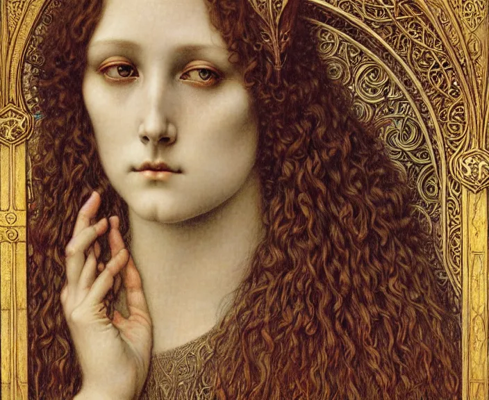 Image similar to detailed realistic beautiful young medieval queen face portrait by jean delville, gustave dore and marco mazzoni, art nouveau, symbolist, visionary, gothic, pre - raphaelite. horizontal symmetry