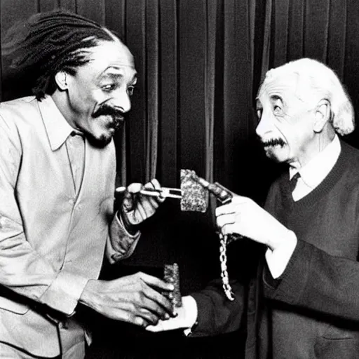 Image similar to Albert Einstein and Snoop Dogg discussing physics and smoking blunts