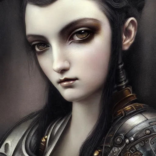 Image similar to By Tom Bagshaw, ultra realist soft painting of an attractive steampunk anime female porcelain miniature fully armored figurine with thin lustrous long hair floating, photorealistic eyes render looking at camera, curiosities carnival, symmetry accurate features, very intricate details, focus, dark fantasy background, black and white