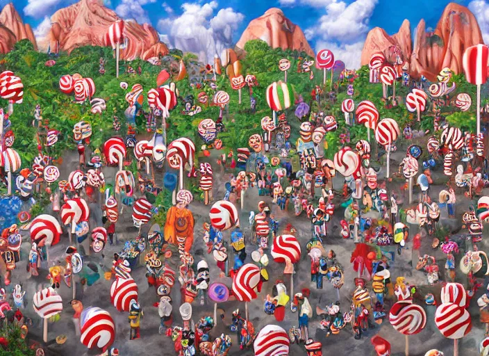 Image similar to where's waldo, lollipops and donuts, lowbrow, matte painting, 3 - d highly detailed, in the styles of lilla alvarado, camille rose garcia